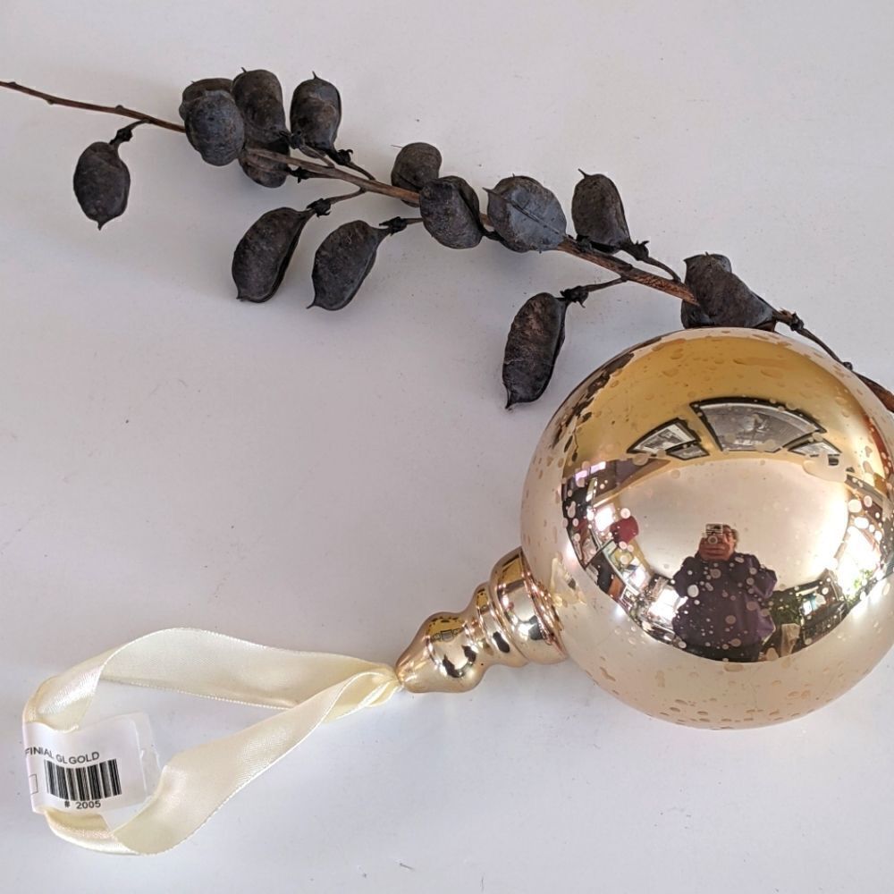 Pottery Barn 4" Gold Finial Blown Glass  Christmas Ornament Satin Ribbon